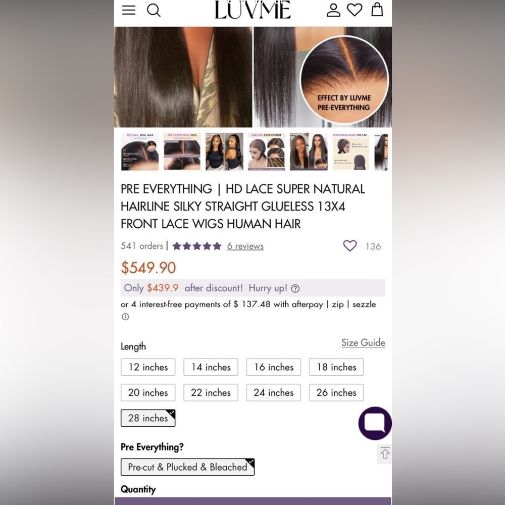 LUVME SILKY STRAIGHT GLUELESS 13X4 HD LACE WIG VIRGIN HUMAN HAIR PRE-PLUCKED - Picture 3 of 10